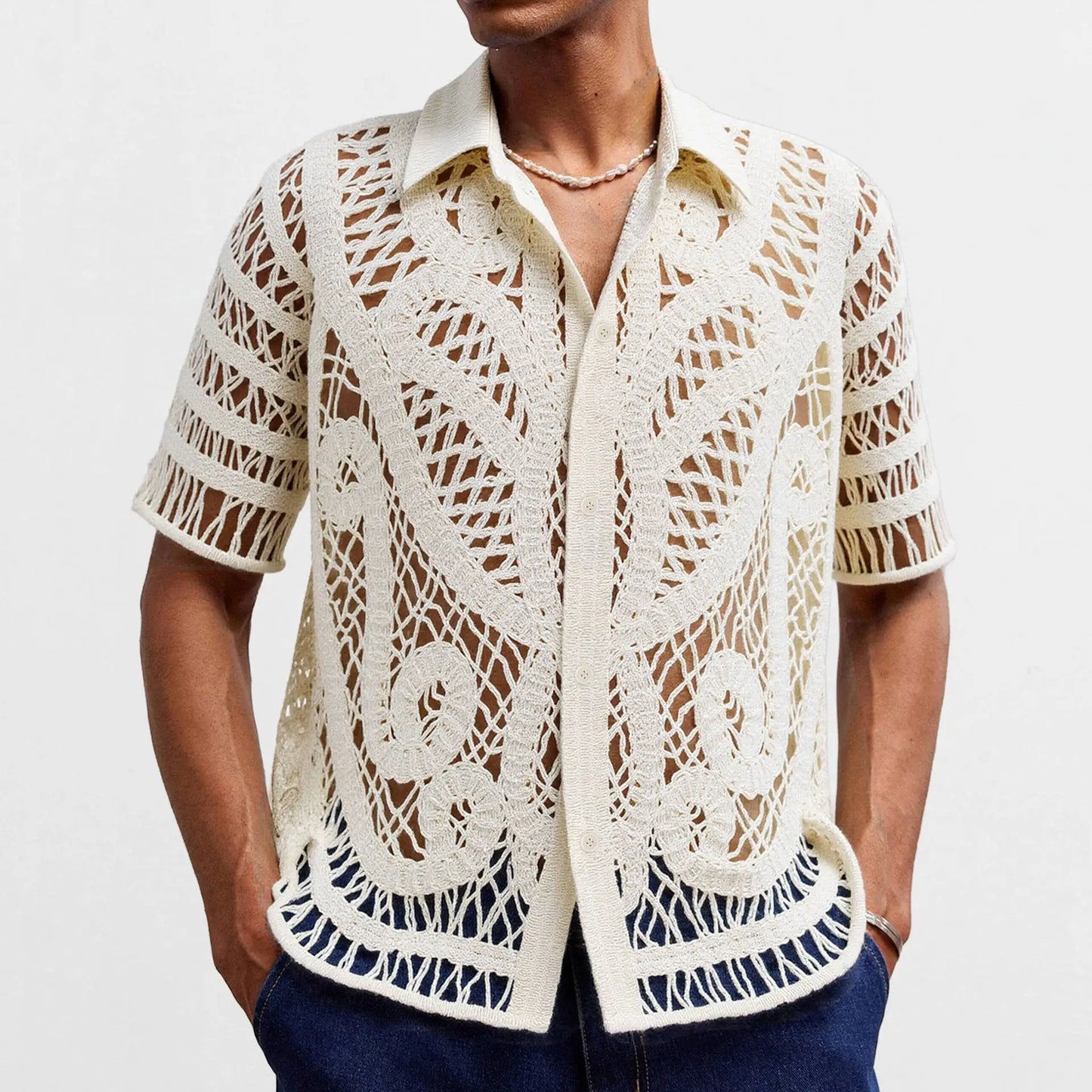 Men's Sexy Mesh Crochet Open Front Polo Shirt Short Sleeve Summer Fashion Shirts Breathable Knitted Top Beach Club Costume