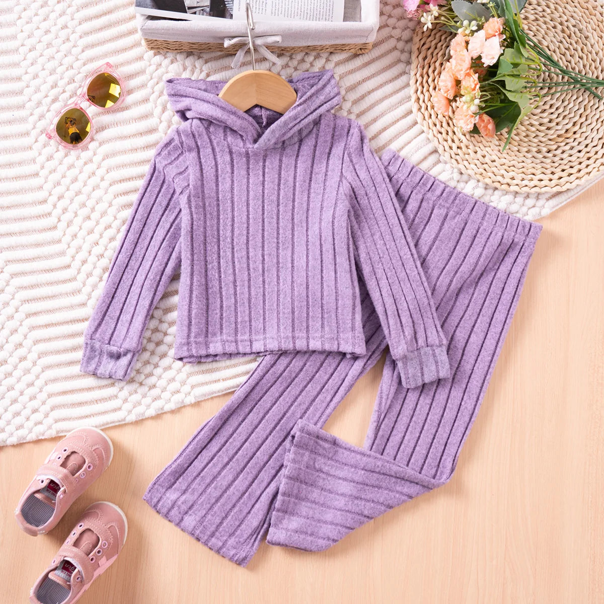 Girls Children Outfit Set Hooded Knit Sweater Long Sleeve Solid Pants Casual Clothing for Kids Toddler Daily Wear Autumn Spring