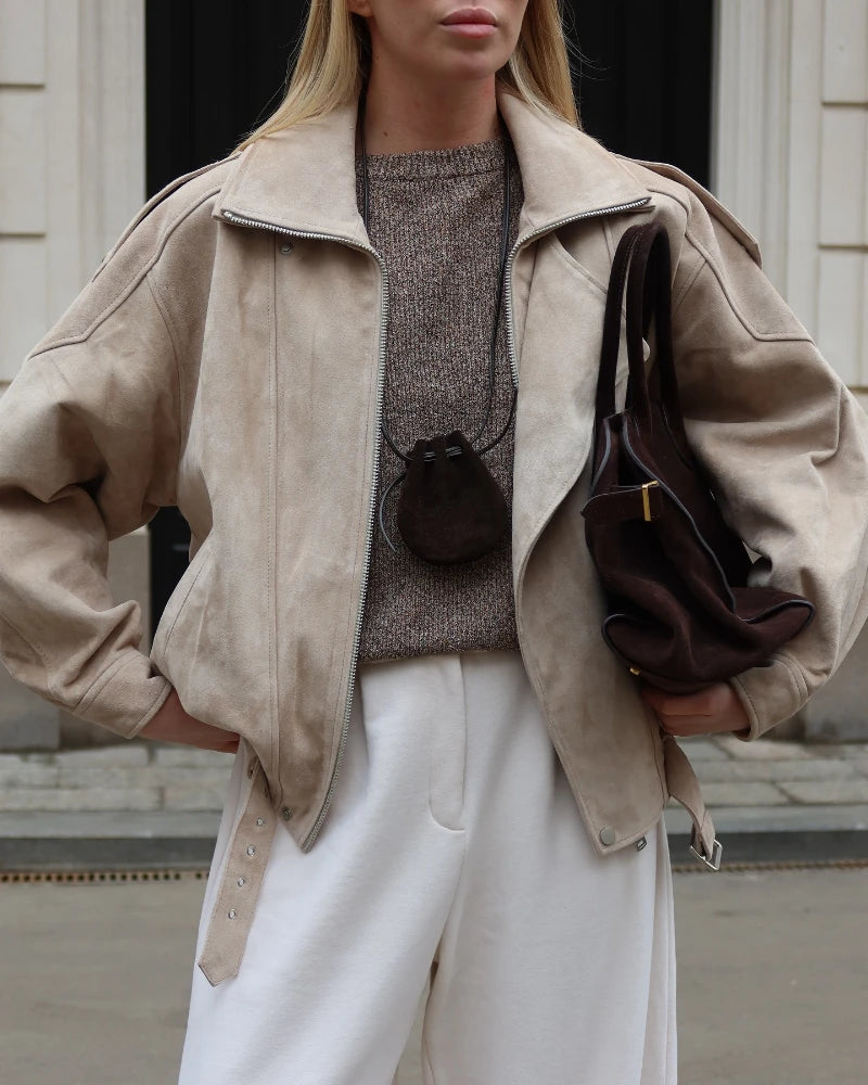 European and American Brown Lapel Irregular Short Loose Jacket Retro Maillard Fashion Casual Top