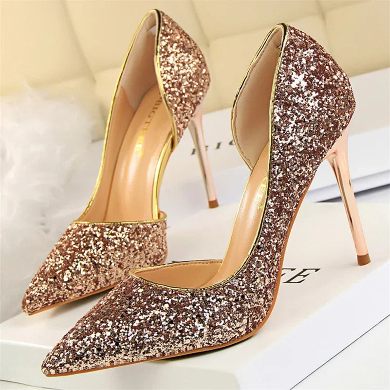 Plus Size 34-43 Women 9.5cm High Heels Stripper Bling Glod Red Silver Scarpins Pumps Lady Stiletto Wedding Bridal Fetish Shoes