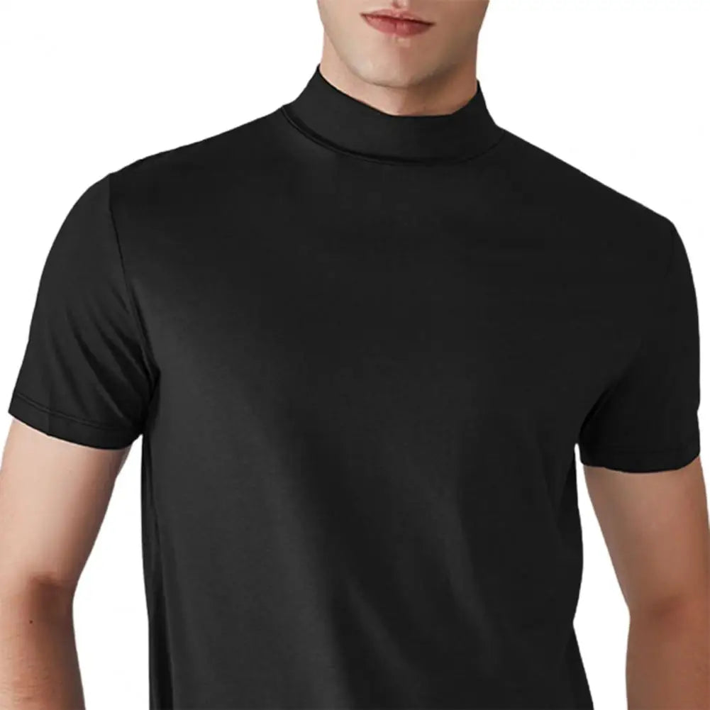 Summer Casual Short Sleeve T-shirt For Men Half High Collar Slim Fit T-shirt Solid Color Elastic Thin Pullover Tee Shirt