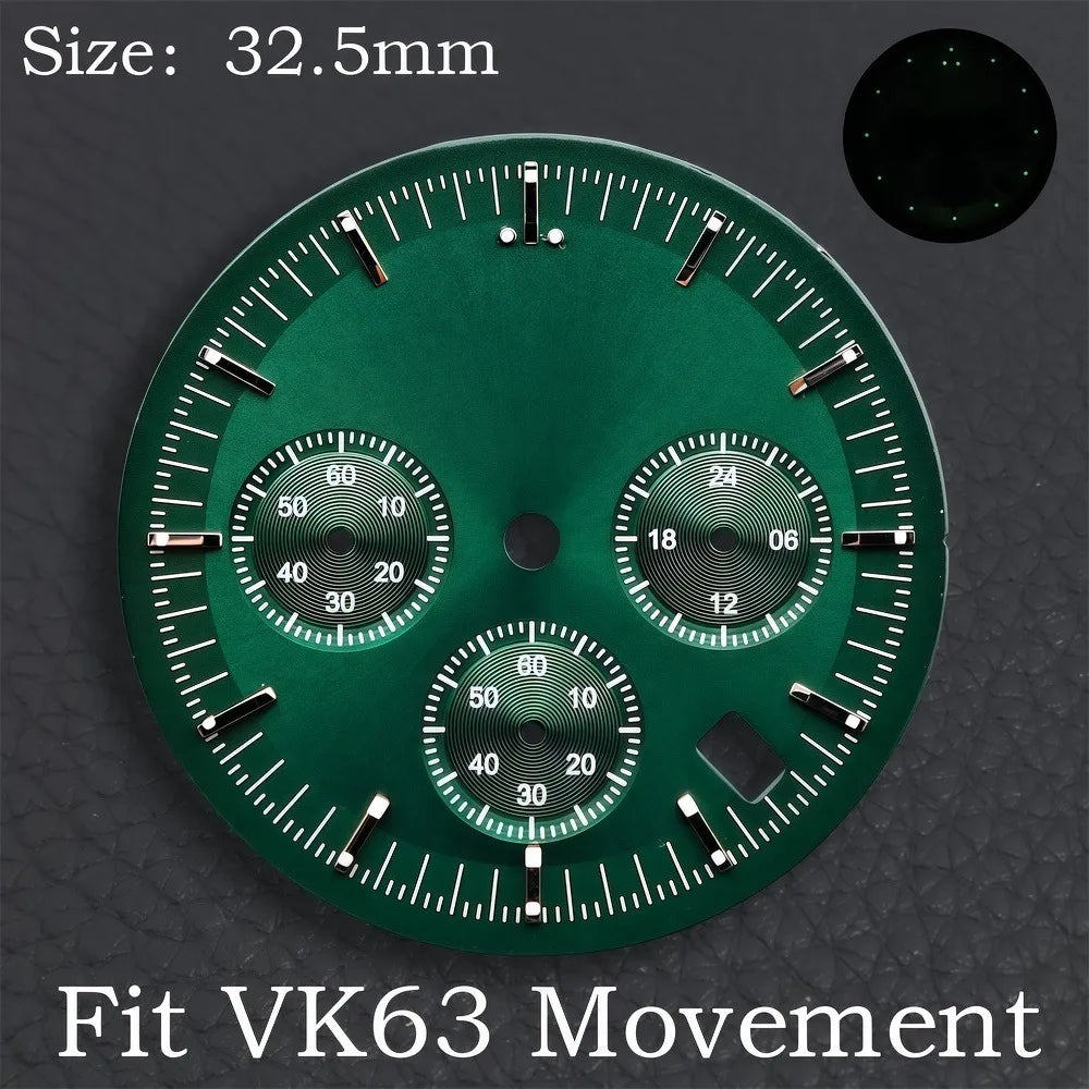 32.5MM Dial Fit VK63 Movement Green Luminous Dial Hands Men's Watches Part VK63 Watch Accessories Maintenance Tools