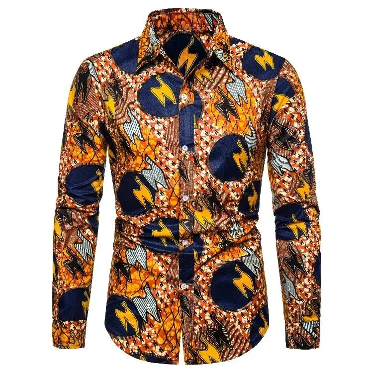 African Traditional Print Men's Shirts Casual Single-Breasted Blouses Long Sleeve Shirt Streetwear Trend Lapel Tops Men Clothing