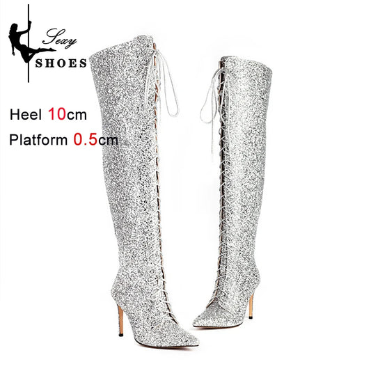 10CM Night Club Over The Knee Boots Sequins Thin High Heels Fashion Lady Pointed Long Boots Autumn Winter Party Shoes For Women