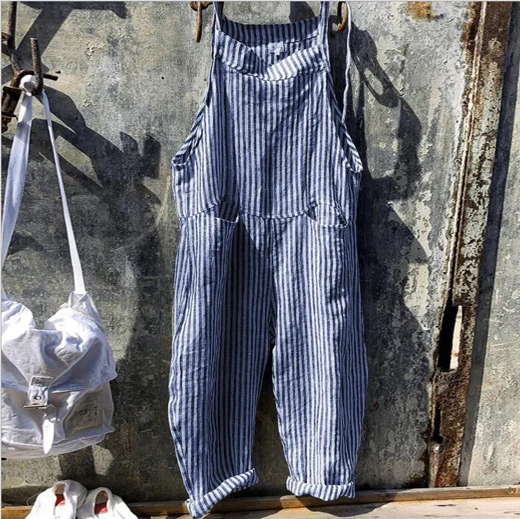 Women's Stripe Jumpsuits Cargo Pants Wide Leg Pants Trousers Multicolor Ethnic Bib Sleeveless Casual Loose Jumpsuit With Pockets