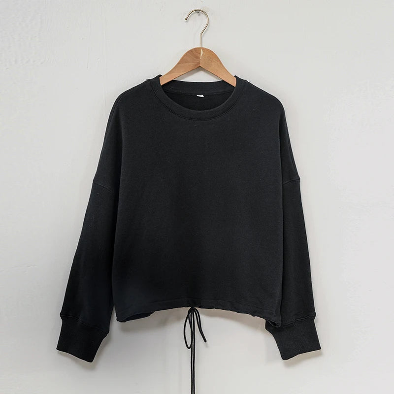 100% Cotton Women's Drawstring Sweatshirt Autumn New Casual Solid Long Sleeved Korean Fashion Streetwear Female Pullover