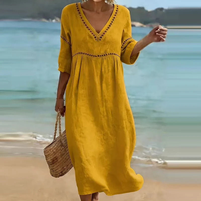 Summer V Neck Half Sleeve Loose Beach Holiday Dress Women Casual Hollow Out Design Solid Color A-line Midi Dress Boho