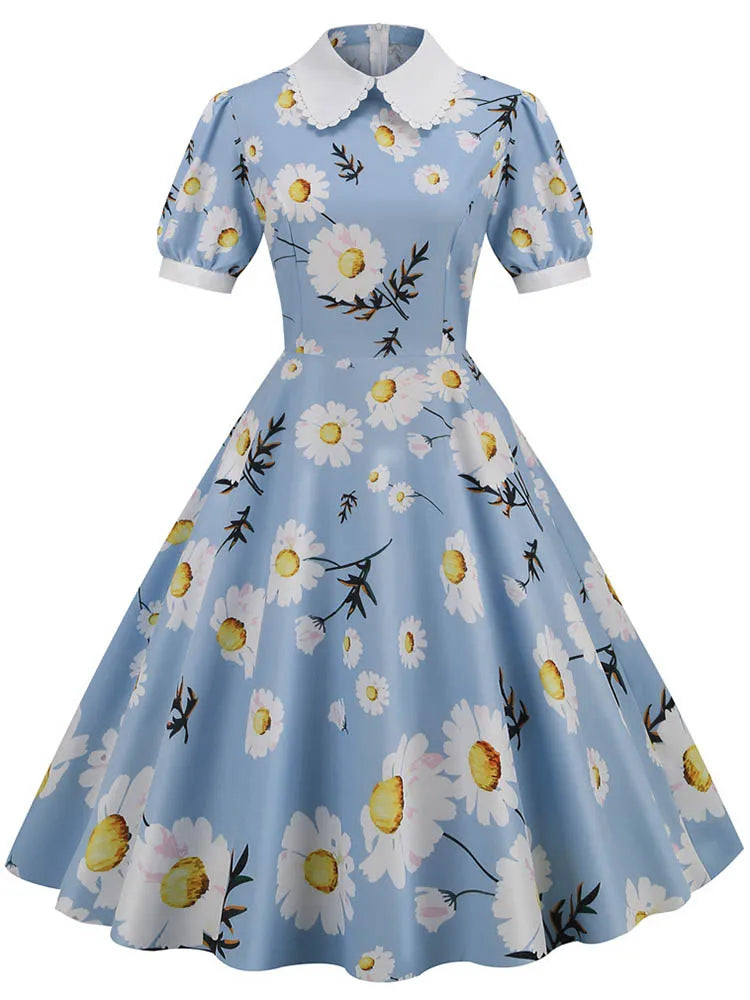 Women Vintage Dress Floral Print Peter pan Collar Elegant Party Dress Puff Short Sleeve Pin Up 50s Party Sundress 3XL