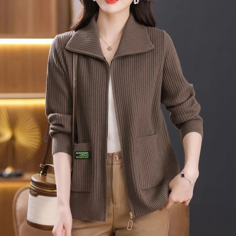 Knitted Cardigan Jacket Women Zipper Lapel Sweater Autumn Winter Outerwear