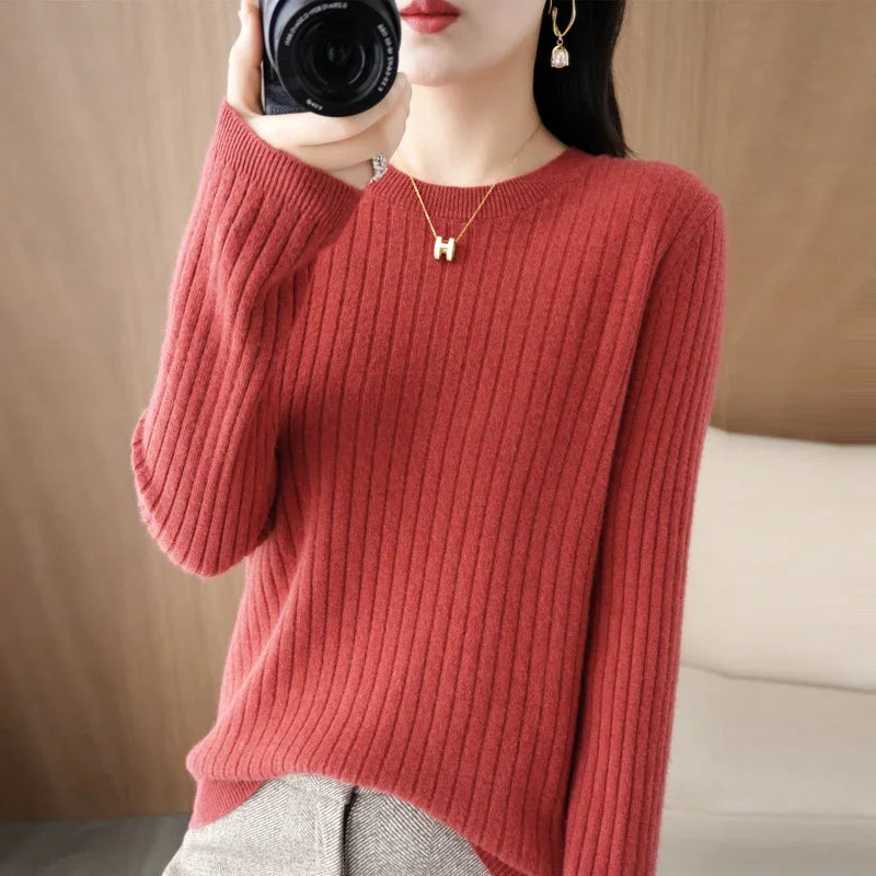 2026 Women Sweaters Autumn Winter Long Sleeve Pullovers O-neck Stripe Warm Pullover Korean Fashion Bottoming Shirts Loose Jumper