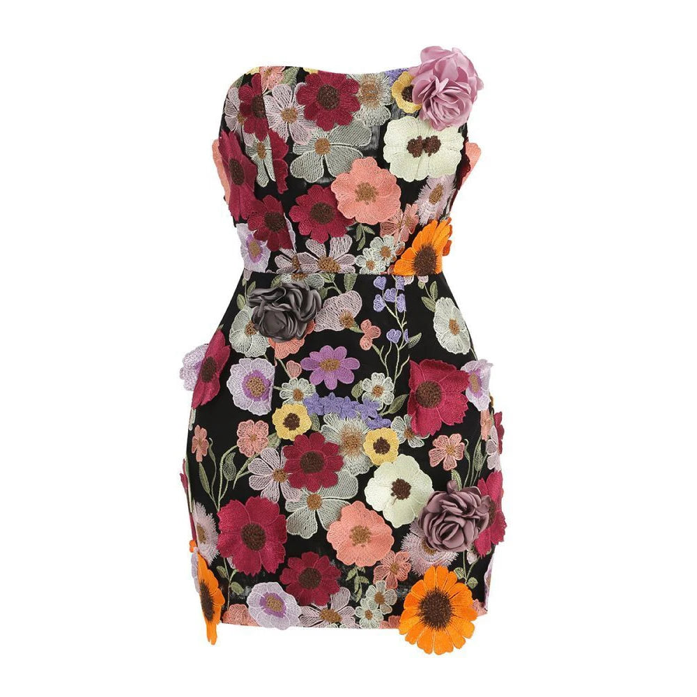 Women's 3D Floral Embroidery Backless Sleeveless Mini Dress Self Tie Evening Gown Elegant Short Dress for Party Cocktail Wedding