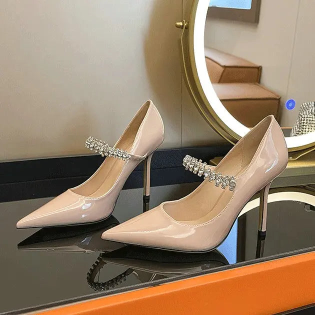 Spring 2025 New French Rhinestone Pointed White High Heels Temperament Patent Leather Shoes Women Wedding Pumps