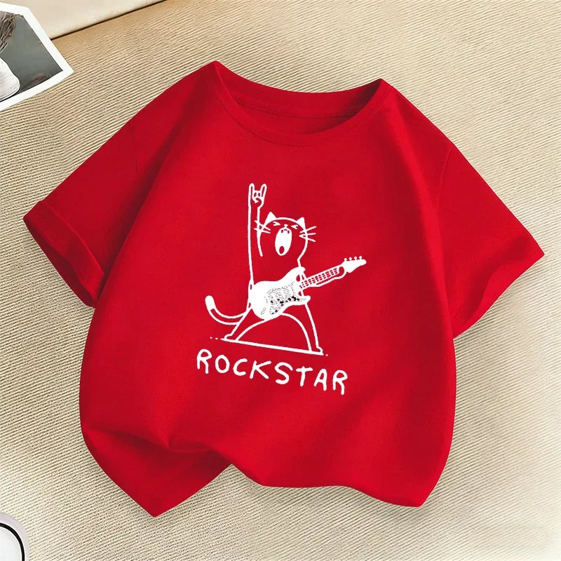 Funny Rock Star with Music Cat Children T-Shirts Summer Hip Hop Kids T-shirt Boys Girls Casual Fashion Colorful Top Tee Shirt