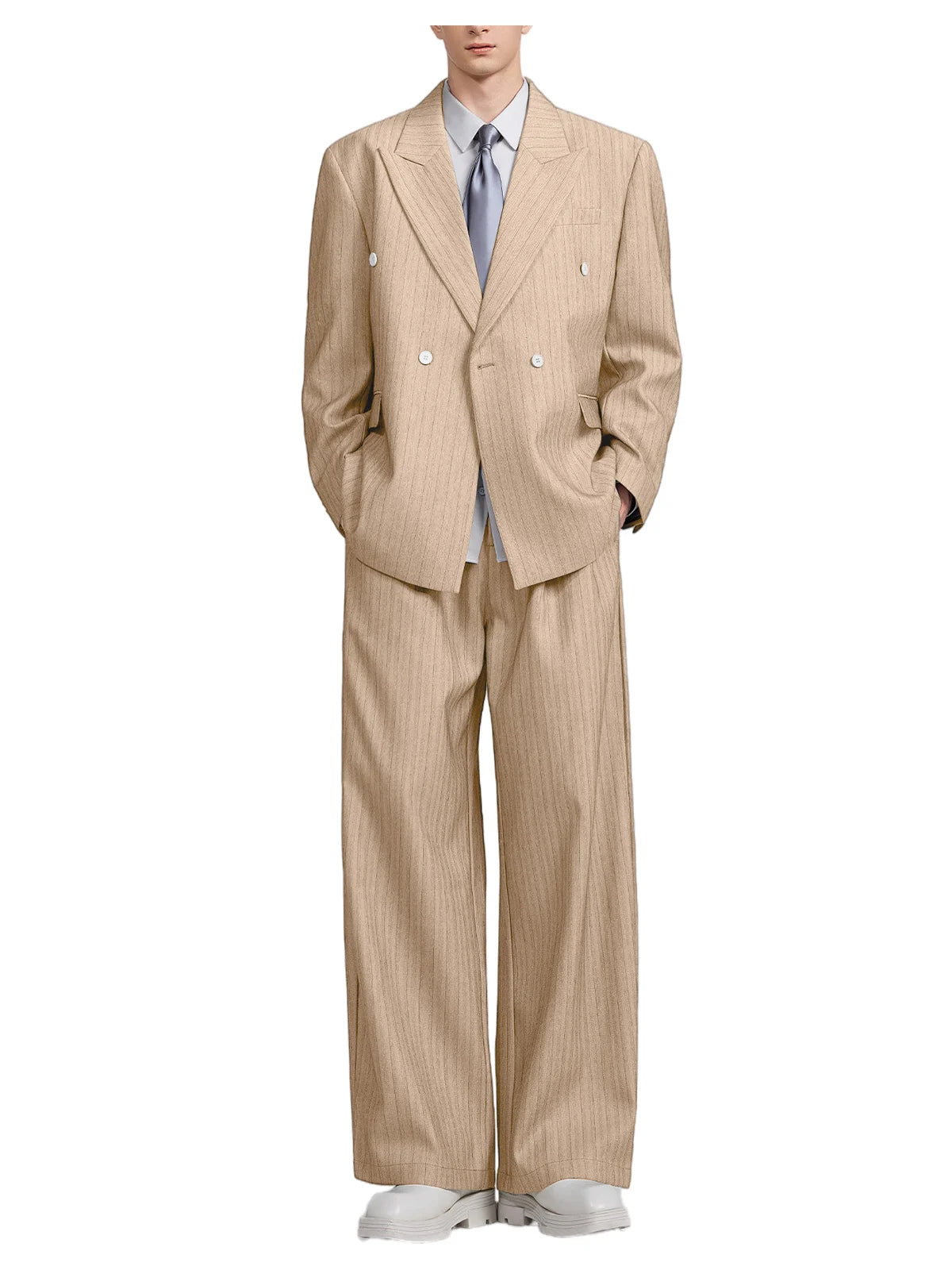 Men's Pinstripe 2-Piece Suit Notch Lapel Jacket Loose Fit Double Breasted Blazer Wide Leg Trousers for Formal Business Casual