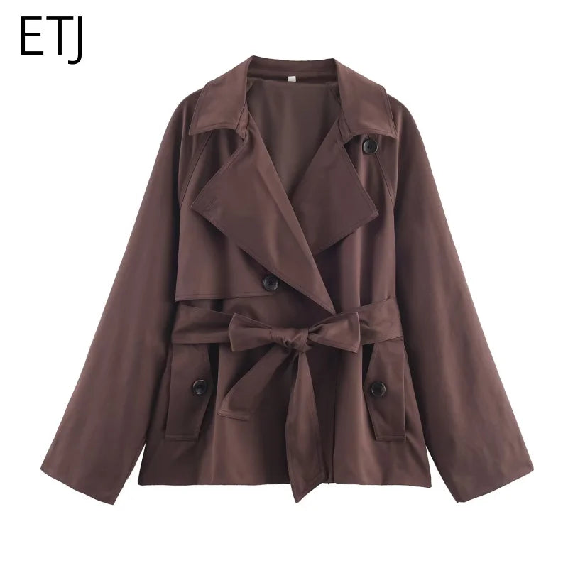 ETJ Autumn 2025 new collection women's British style lapel double-breasted Maillard color belt casual trench coat