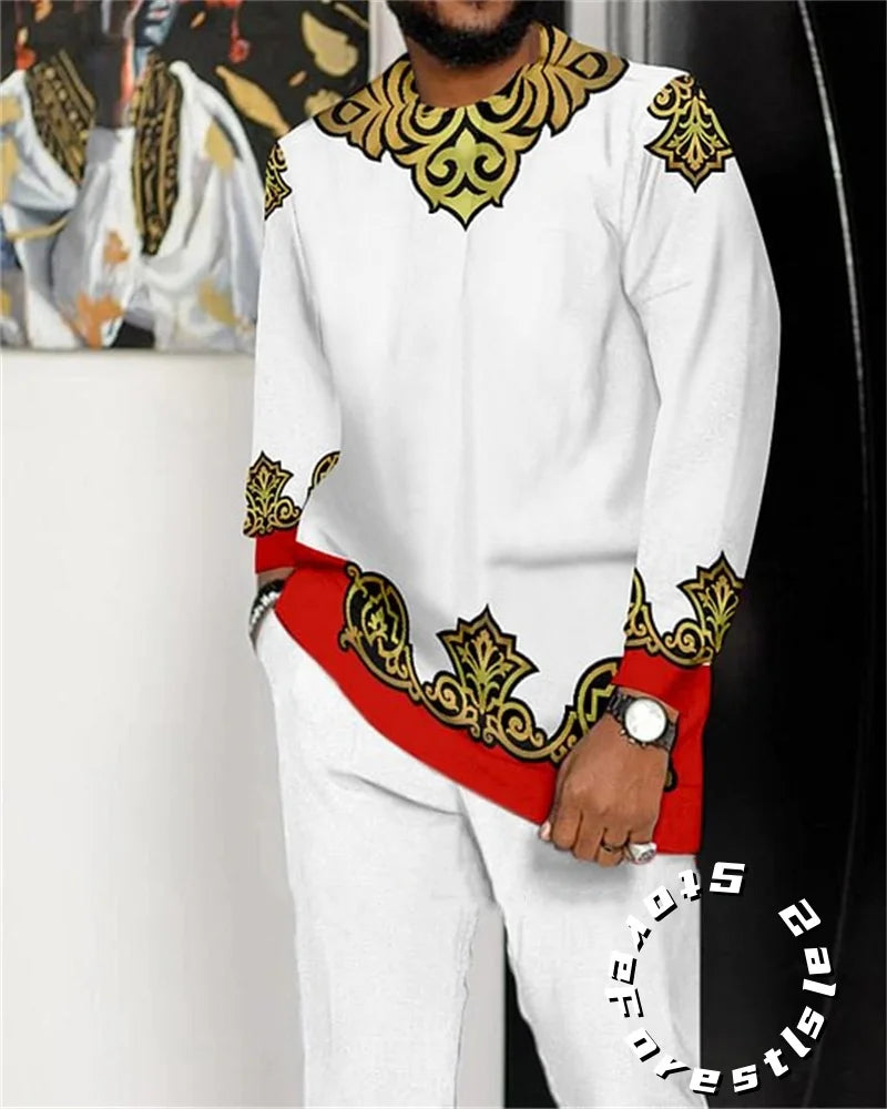 African Clothing Set for Men Tracskuit Set Casual Walking Suit Ovrersize Streetwear Long Sleeve T-Shirt Trousers Outfit 2-piece