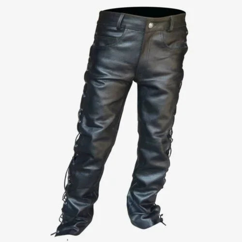 Men's Black Thick Leather Side Laces Up Jeans Style Long Pant Motorcycle Leather Trousers Leather Motorcycle Pants