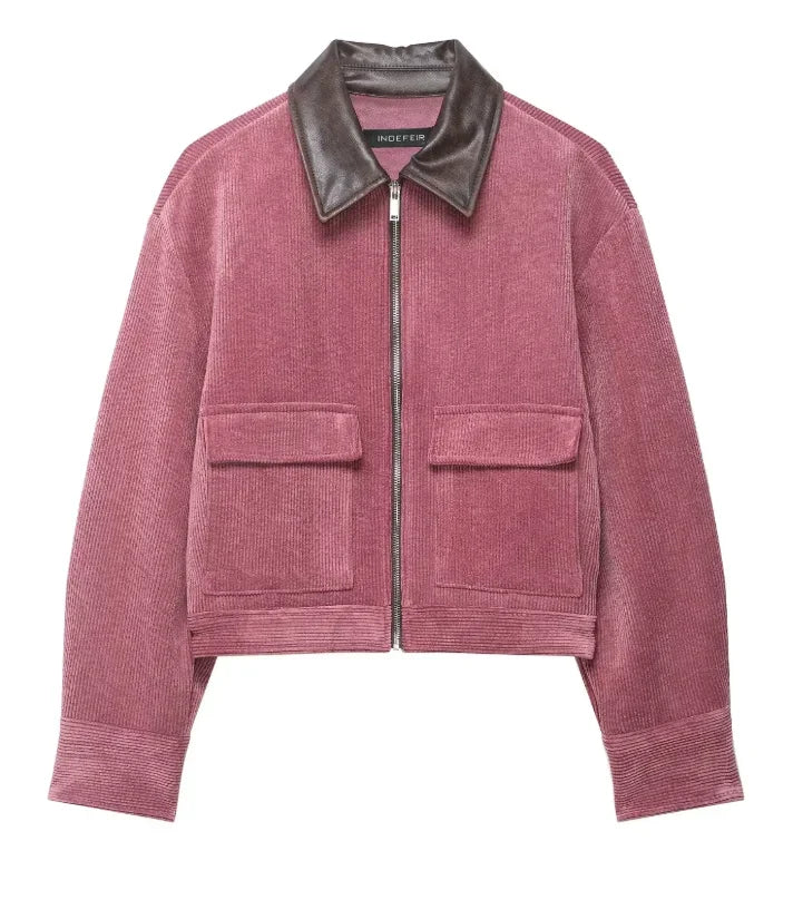 Women Pu Leather Collar Pink Cropped Jacket Corduroy Fashion Long Sleeve Zipper Coat 2026 New Lady Spring Chic Street Outwear