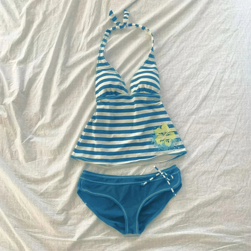 2 Piece Women's Summer Beach Bikini Set Sexy Slim Chic Floral Print Halter Neck Swimsuit Set 2000s Aesthetics Hottie Streetwear