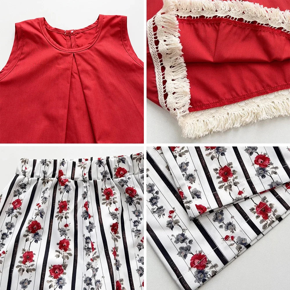 Summer Casual Girls Clothes Korean Version Fashion Simple Children Red Sleeveless Tassel Top+Flower Print Pants 2 Pcs Suit