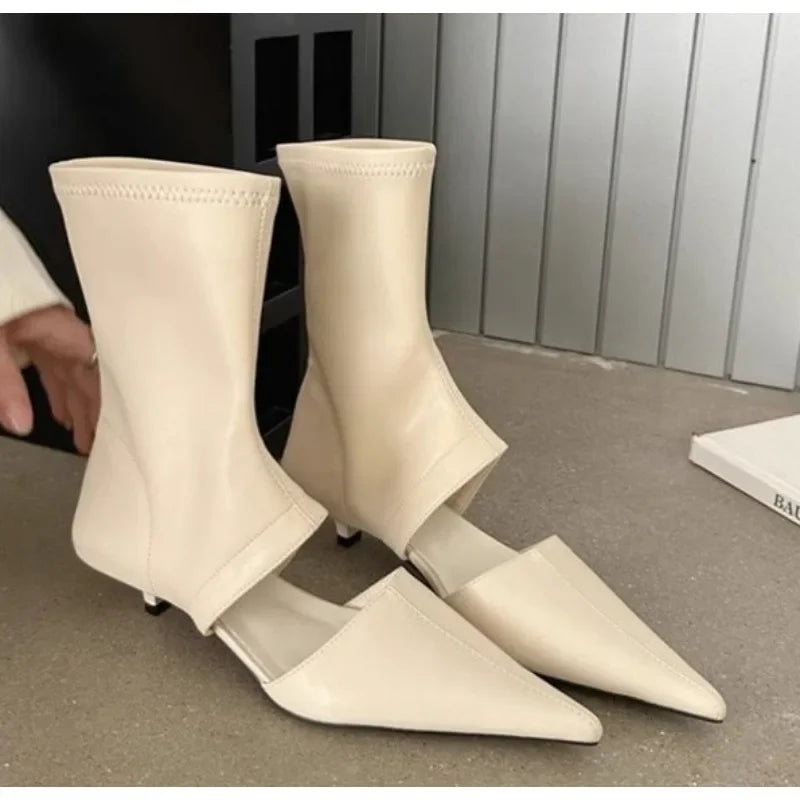 New Black Pointed Hollowed Out Cool Boots High Heel Shoes Sleeve Elastic Women's Boots Dress Shoes Stiletto Fashion Shoes Mujer