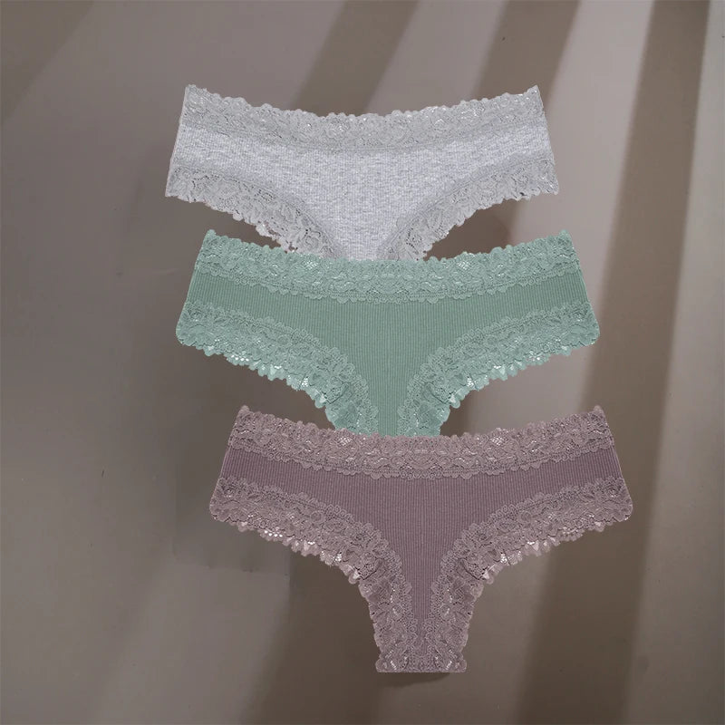 3Pcs/Set Sexy Lace Briefs Cotton Panties Women's Fashion 7 Solid Color Comfortable Briefs Low Waist Underpants Stretch Underwear