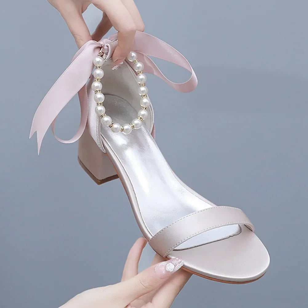 String Bead Sandals for Women Summer Peep Toe Sandals Ladies Fashion Ribbon Bow Thick High Heels Sexy Wedges Wedding Shoes 35-43