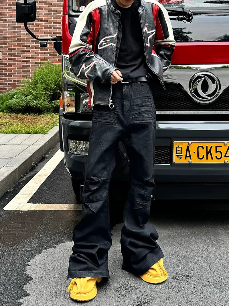 American Retro Heavy Industry High Street Coated Micro-Flared Jeans For Men And Women Black Gothic Vintage Casual Loose Jeans