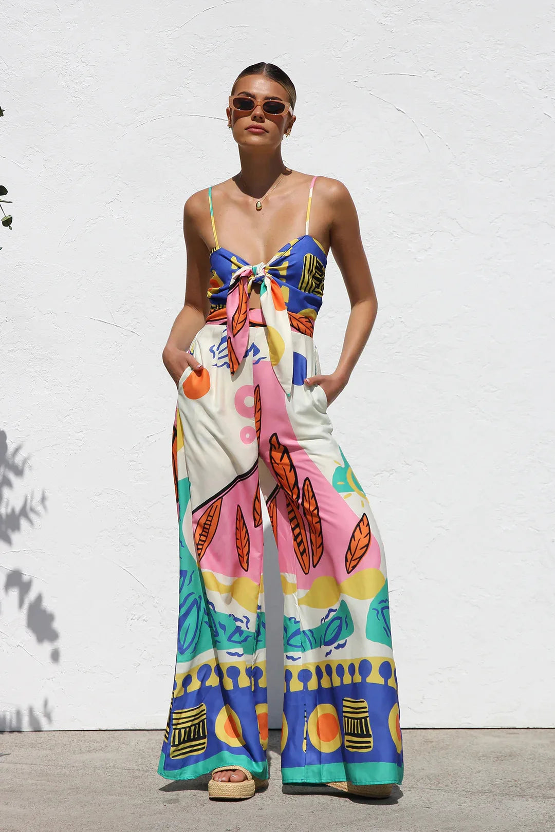 Beach Style Camisole Jumpsuit Waist Hugging Camisole Skirt Bow Tie Wide Leg Pants Vacation Jumpsuit Women's Rompers Dresses