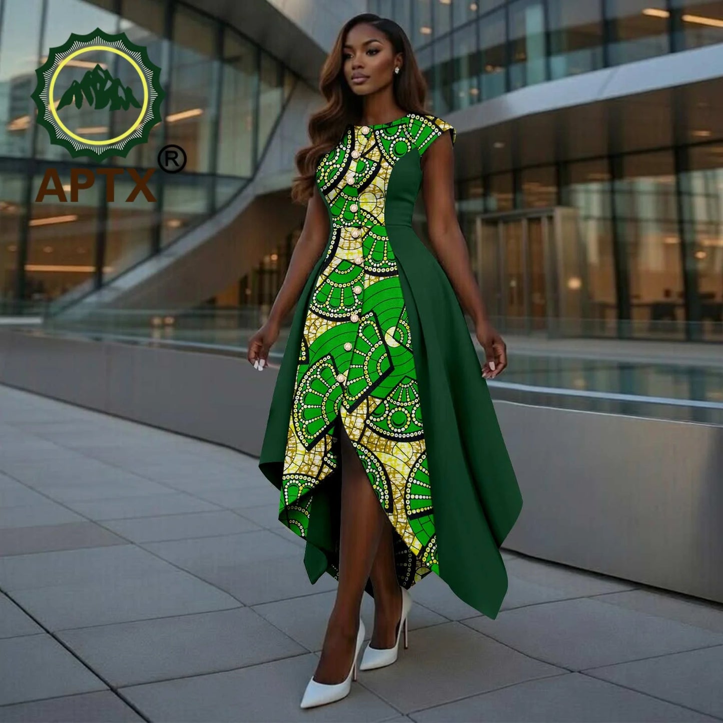 African Dress for Women Ankara Print O-Neck Short sleeve Ankle-Length Patchwork Asymmetrical Dress Dashiki Casual Party