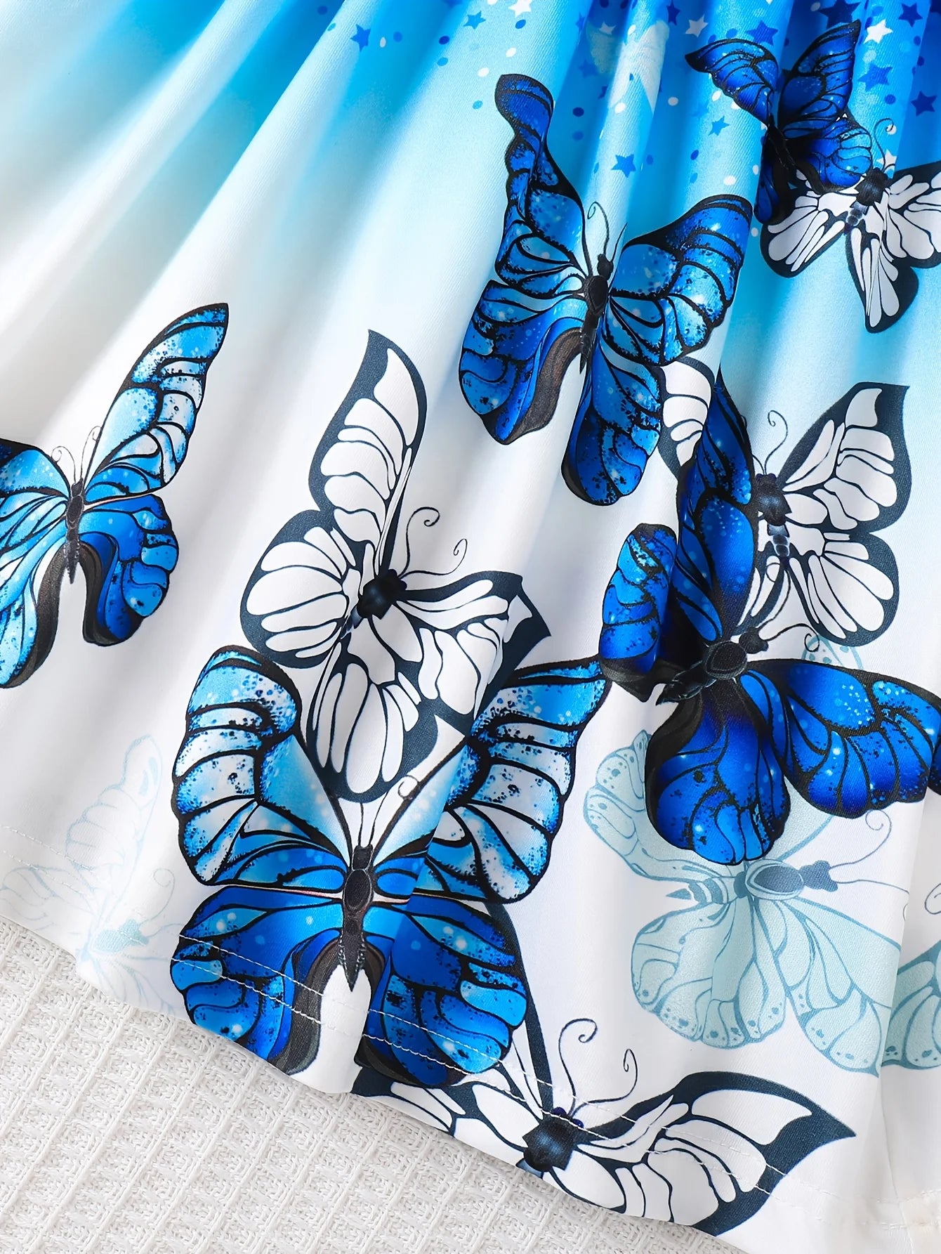 Girls White Base Blue Butterfly Ombre Ruffle Sleeve Dress Sweet Style Summer Outfit
