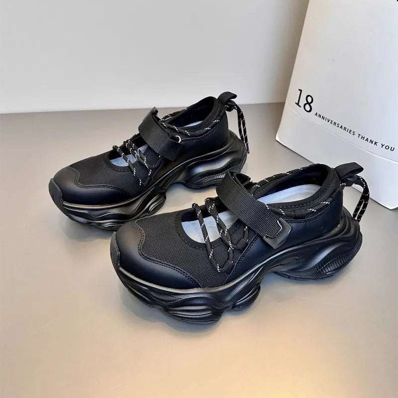 Women's Breathable Mesh Hollow Out Thick Bottom Casual Sports Shoes Thin Mary Jane Shoes Magic Tape Leisure Sports Shoes
