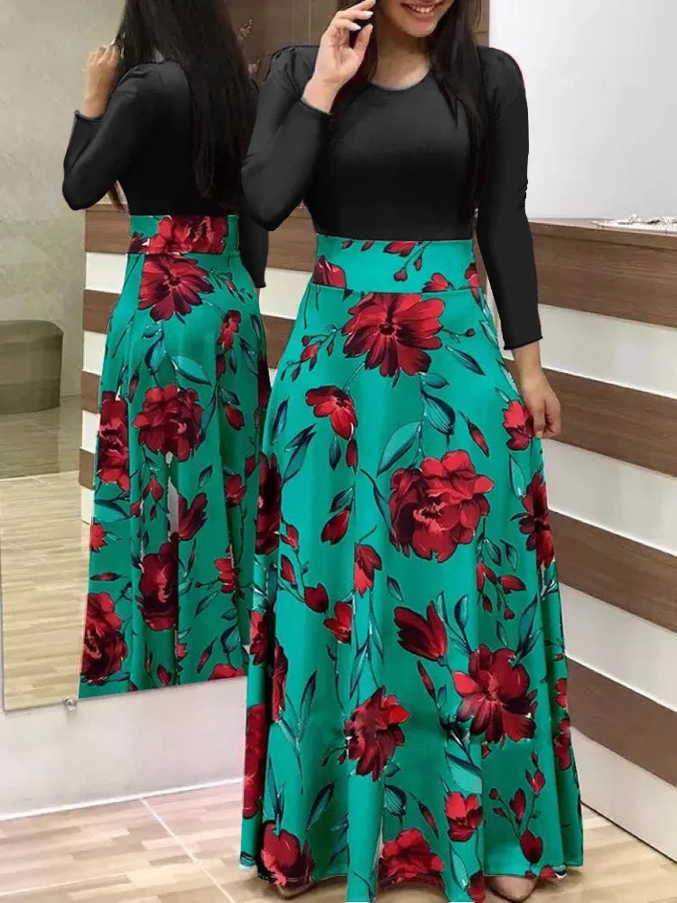 2024 European and American style flower print color matching short sleeved dress for women's large swing skirt BAZAARHUBO