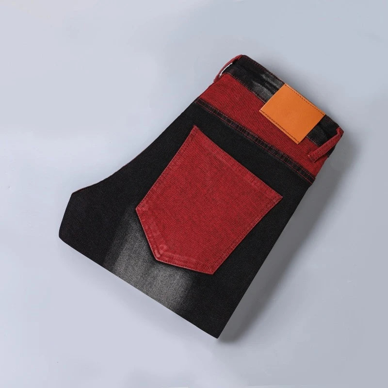 Men's Elastic Patch Style Jeans Black Red Design Slimming Men's Clothing Cozy Denim Pants Personalized Hip Hop Trend Trousers