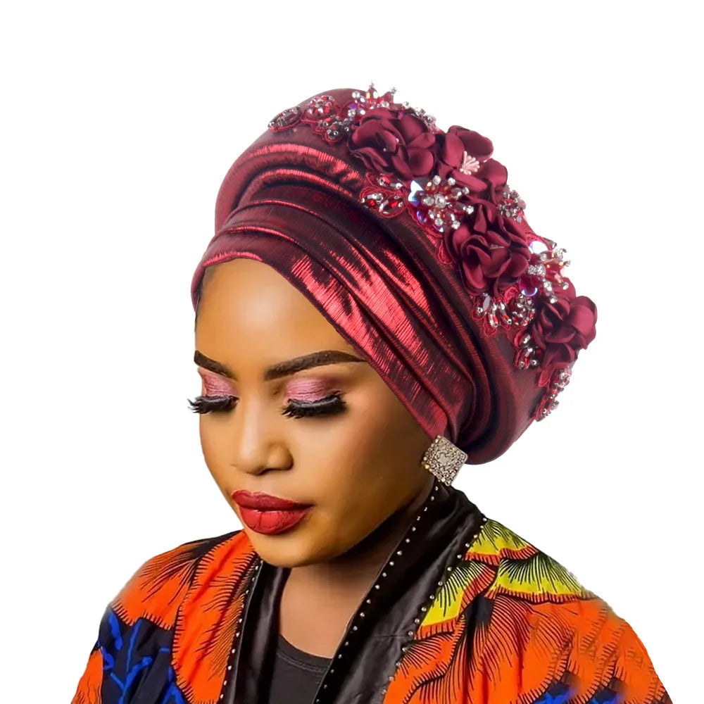 African Women's Turban Cap Diamond Flower Nigeria Auto Gele Headtie Already Made Wedding Geles Female Head Wraps Hat Party Mujer