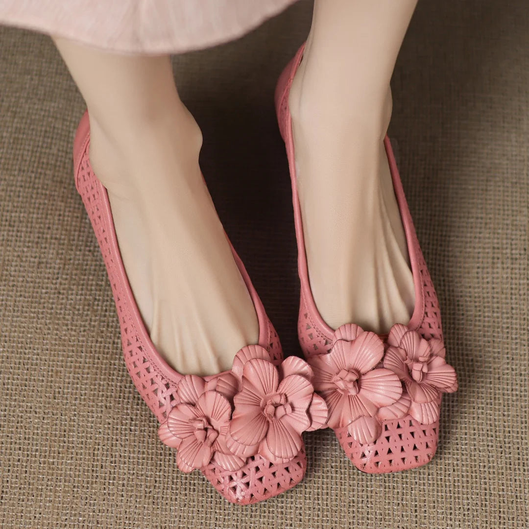 Plus size 41 women's hollow-out sheepskin square toe slip-on pumps 4cm thick med heel elegant ladies flower summer heels sandals