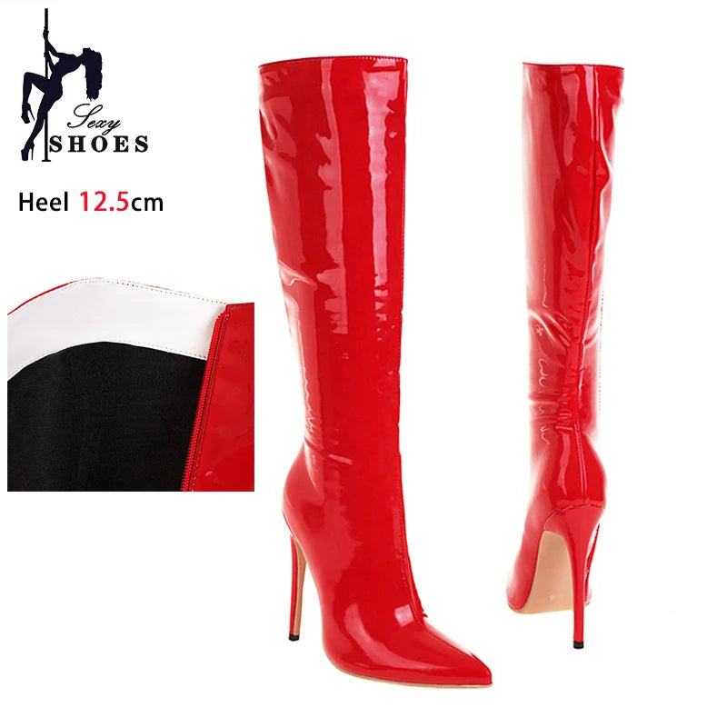 Winter Short Plush Long Boots For Ladies Black Pointed Toe Knee-High Boots Large Size Shoes Fashion Women Career High Heels 46