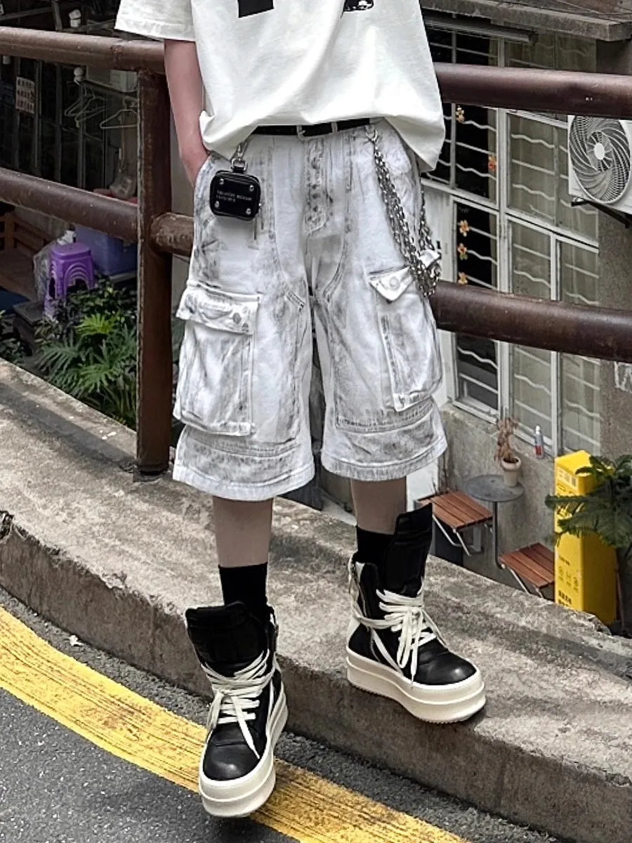Summer Washed Distressed Workwear Shorts Men's Trendy Street Style Loose Wide Leg Big Pocket Seven-Foot Pants Casual Trousers