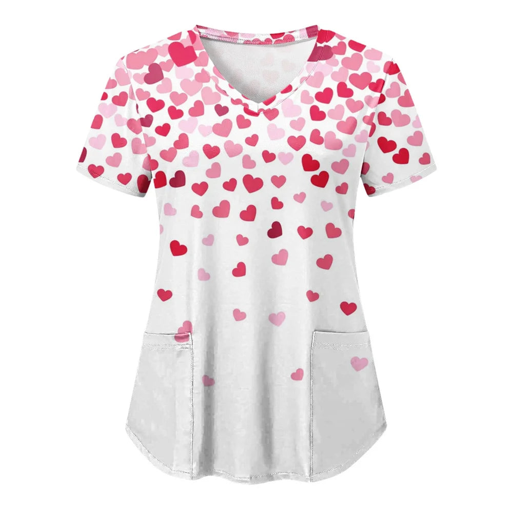 Tops Women Scrub Nurse Print Short Sleeve Cartoon V-Neck Tops Working T-Shirts Heart Print Healthcare Tunic Carers Workwear Tops