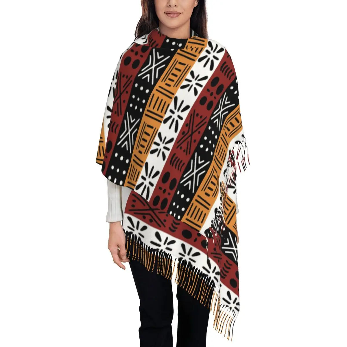 African Bogolan Africa Ethnic Tribal Art Scarf Tassel Scarves Women Soft Warm Shawls and Wraps Large Fall Winter Shawl Wrap