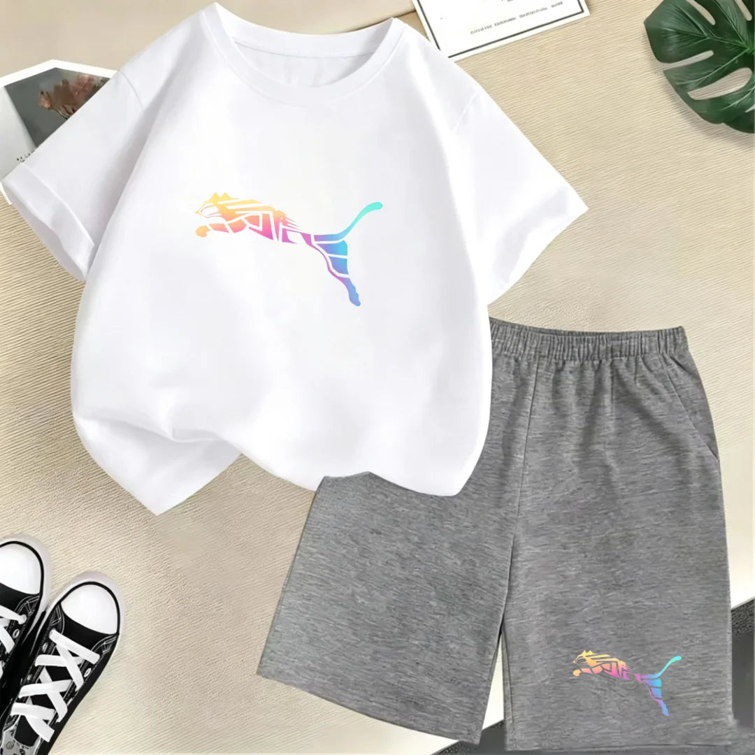 Kids Summer Casual Round Neck T-shirt Colorful Gradation Animals Boy Girl3-12Yrs Short-Sleeved+Shorts Fashion Sports Clothes Set