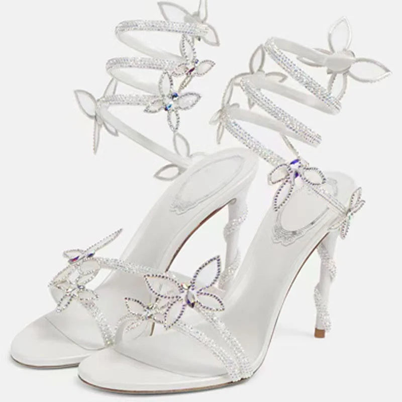 Aneikeh Sexy CRYSTAL Flower Narrow Band Ankle Strap Sandals Woman Thin High Heels Street Style Pole Dancing Ladies Shoes