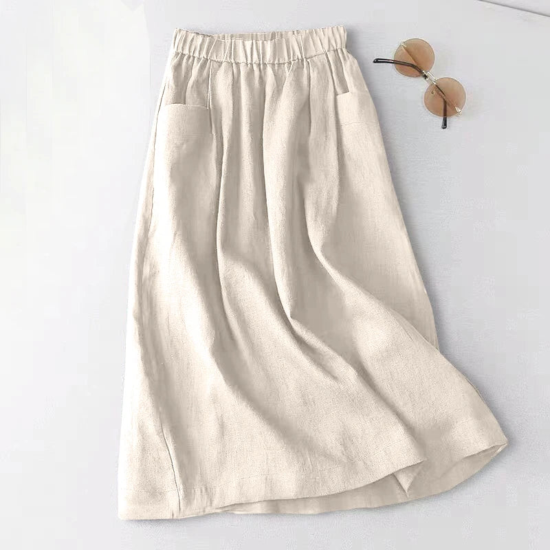 ZANZEA Women A Line Cotton Skirt Elastic Waist Midi Skirt Solid 2024 Summer Korean Side Pockets Falda Saias Casual Holiday Jupe