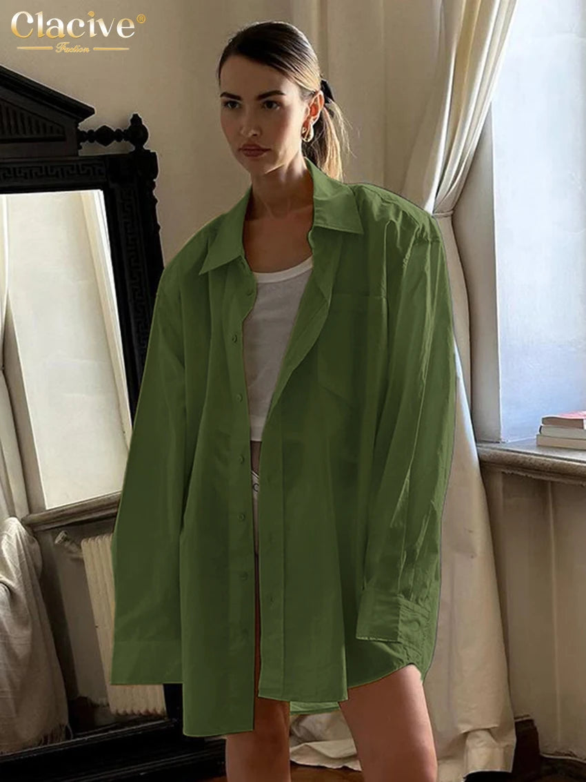 Clacive Fashion Loose Yellow Cotton Women's Blouse 2025 Casual Lapel Long Sleeve Shirt Elegant Simple Solid Top Female Clothing