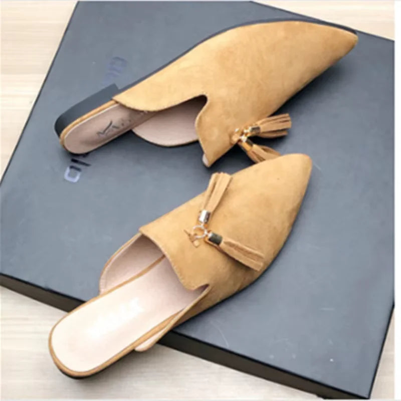 Women Metal Fringe Slippers Flock Shoes Front Closed Toe Khaki Purple Slide For Small And Wide Feet 44-33 22cm Comfortable Tacon