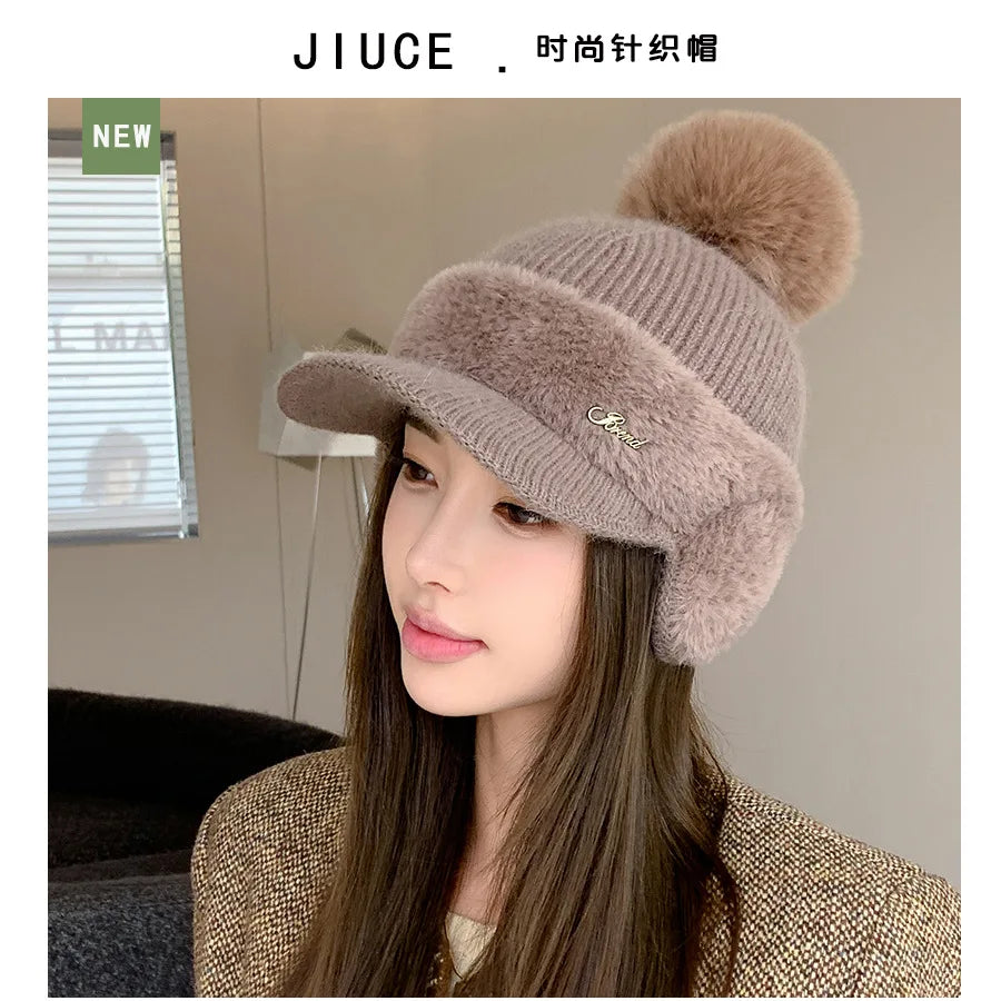 Winter Caps Patchwork Mink Fur Ear Protection Plush Hat Fashionable Solid Color Simple Wool Ball Knitted Hat For Women Cap BAZAARHUBO