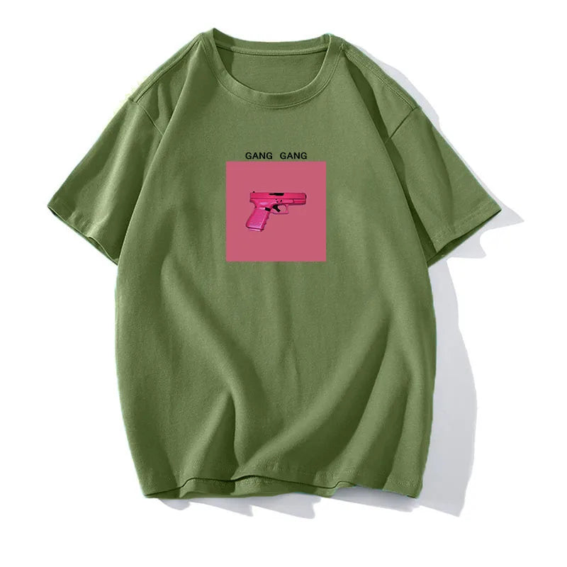 Hirsionsan 100% Cotton Pink Print T Shirt Women 2024 Summer New Basic Vintage Tee Casual Loose Chic O Neck Female Couple Tops