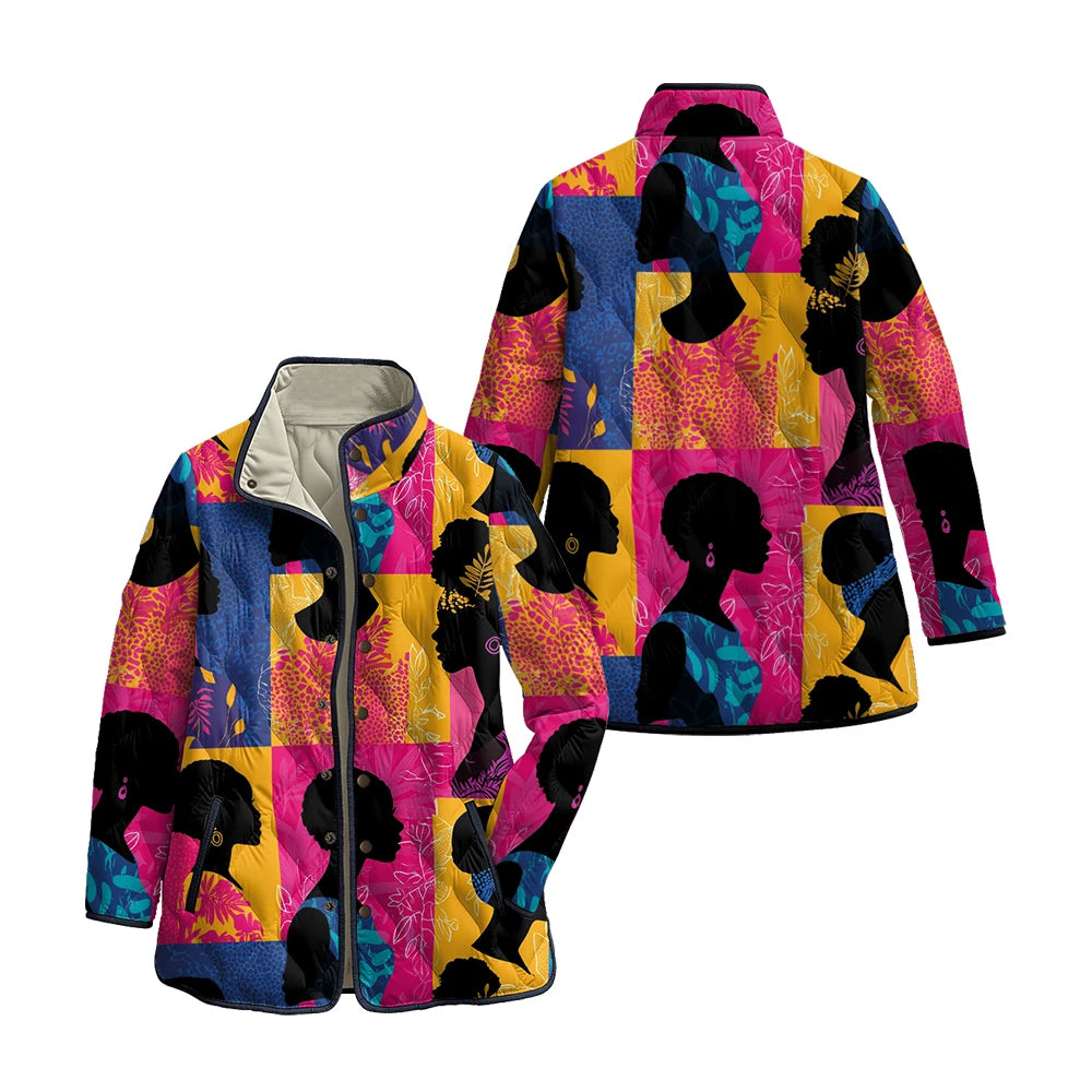 Women's African Art Jackets with Female Profile Florals Pattern Coats Multi-Color Silhouette Patterns Artistic Winter Outerwear