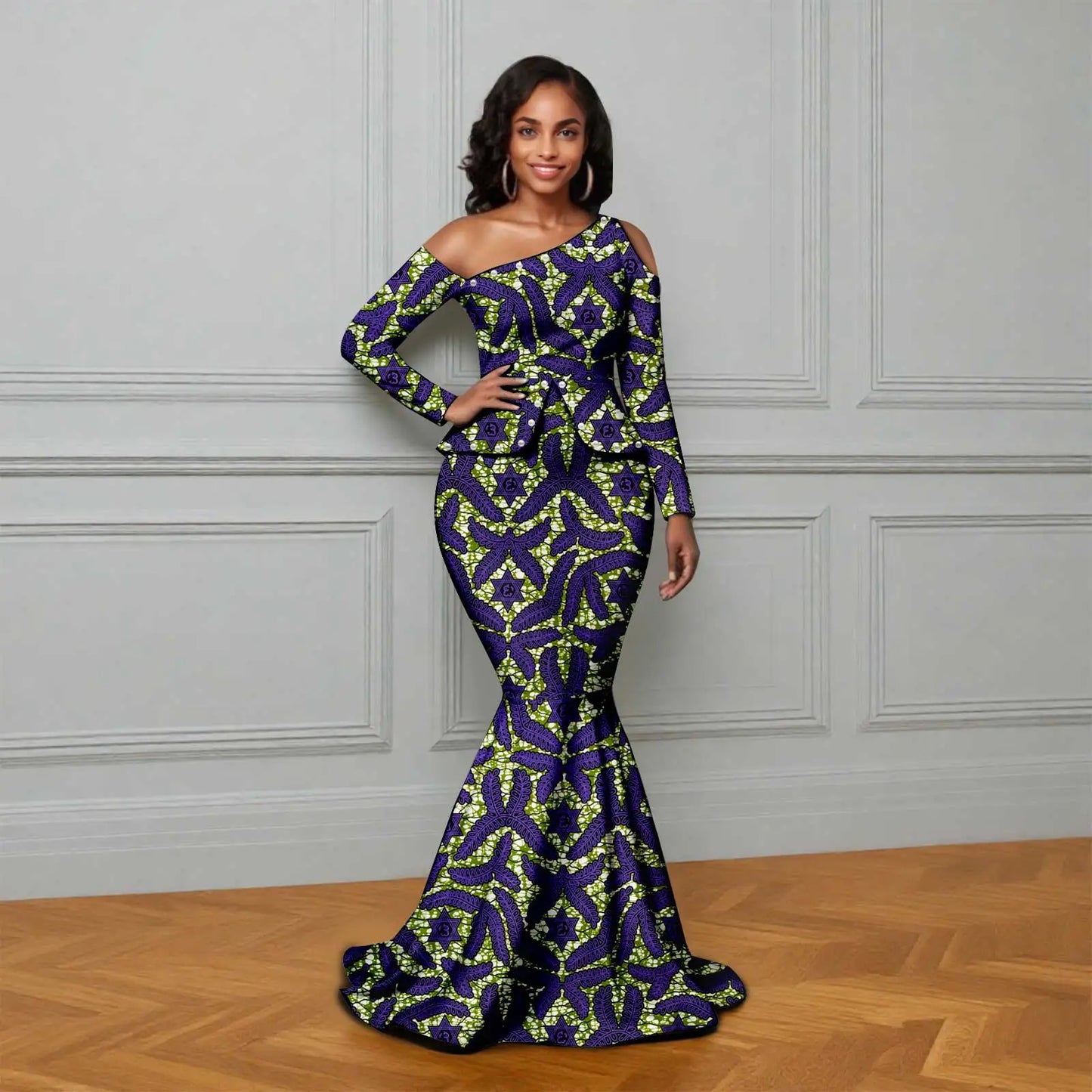 African Ankara Printed Fabric Women's Dress Skew Collar Long Sleeve Floor-Length Dress Elegant fashion 2625007
