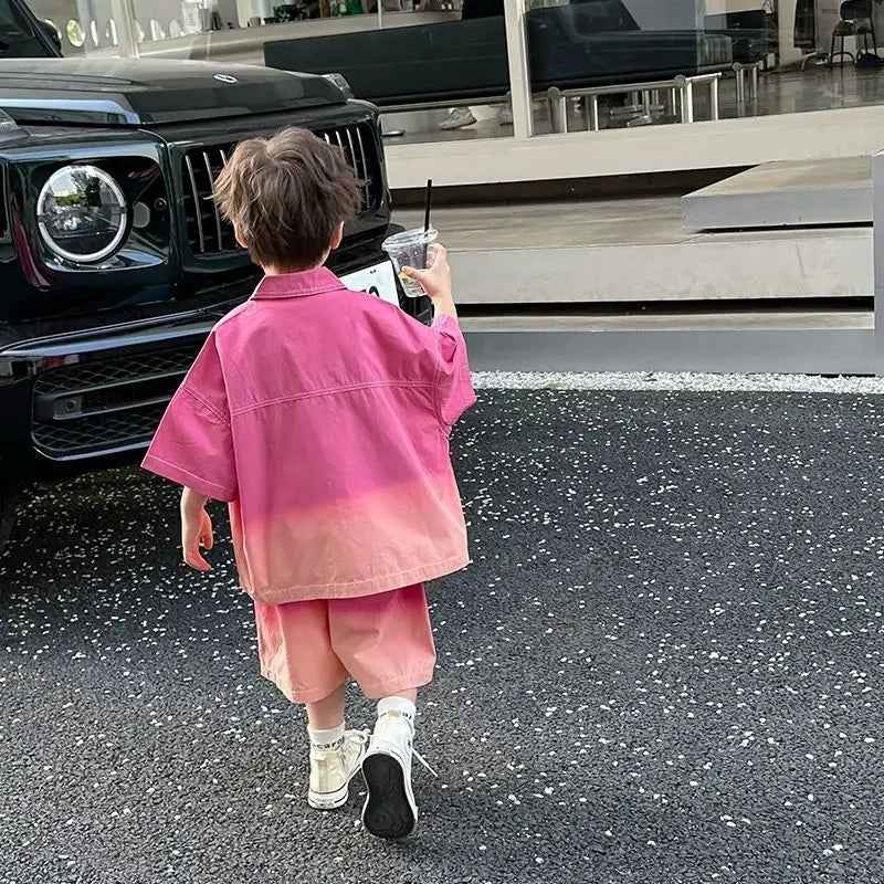 2026 New Boys Fashion Gradient Pink Shirt Shorts Set Loose Fit Casual Kids Two Piece Outfit Breathable Children's Streetwear 3-8